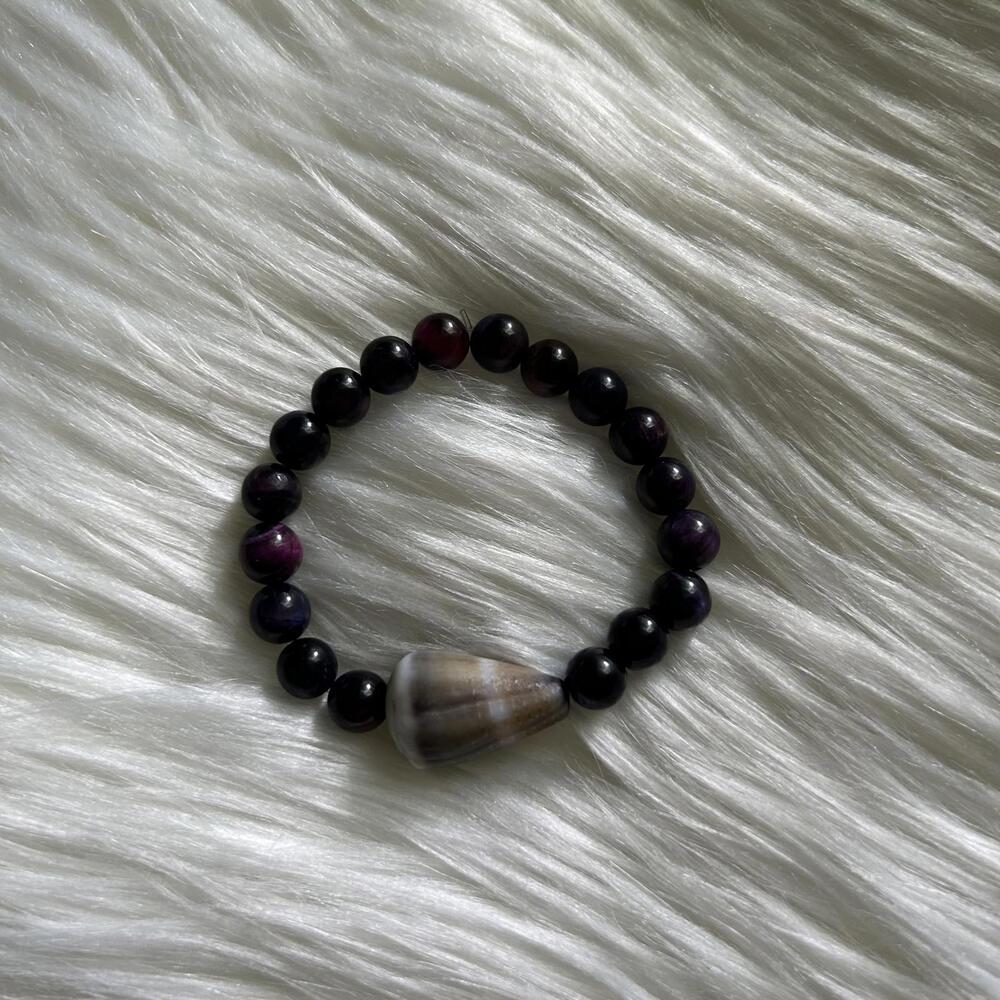 Hawaiian Golden Yellow Cone Shell Black Galaxy Space Bead Stretchy Bracelet